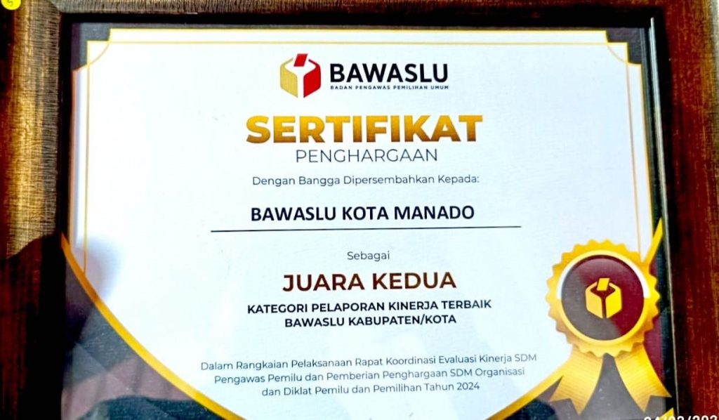 Bawaslu Manado Terbaik Kedua Bawaslu Awards 2025